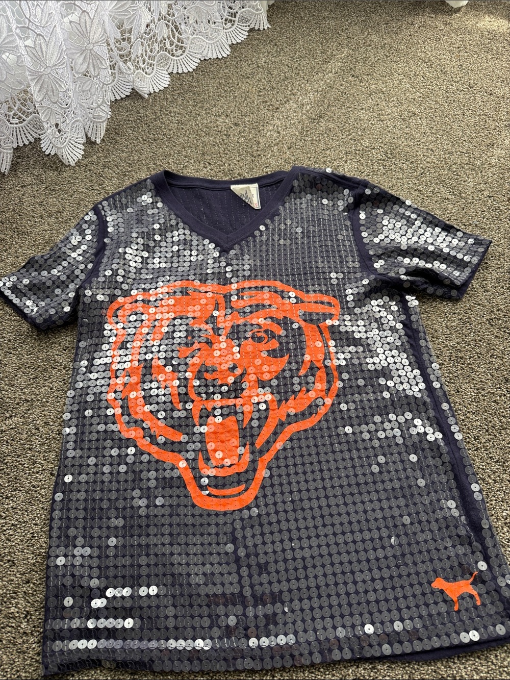PINK Victoria's Secret Navy Sequin Tee with Orange Bear Graphic